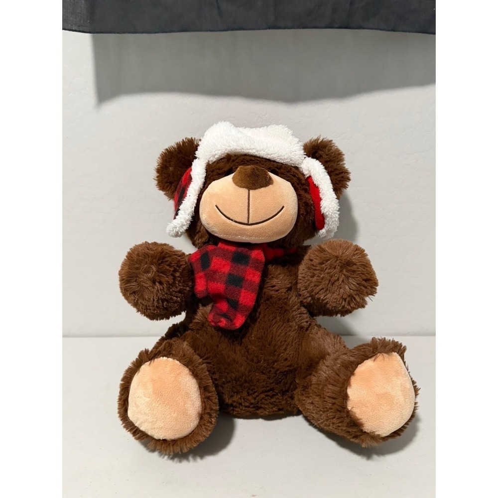 Teddy Bear‎ Plush Dan Dee Buffalo Plaid Winter Trapper Hat Brown Stuffed Animal